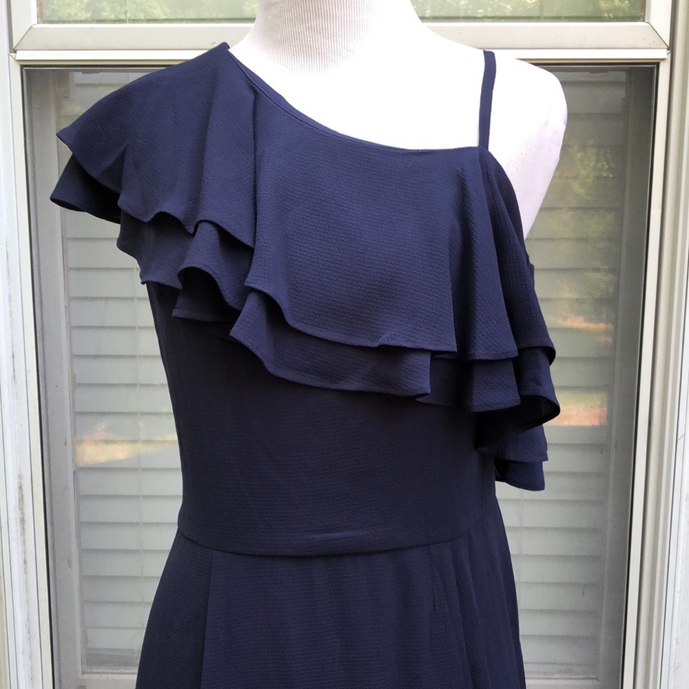London Times Navy Blue One Shoulder Spaghetti Strap Ruffle Midi Dress size 10